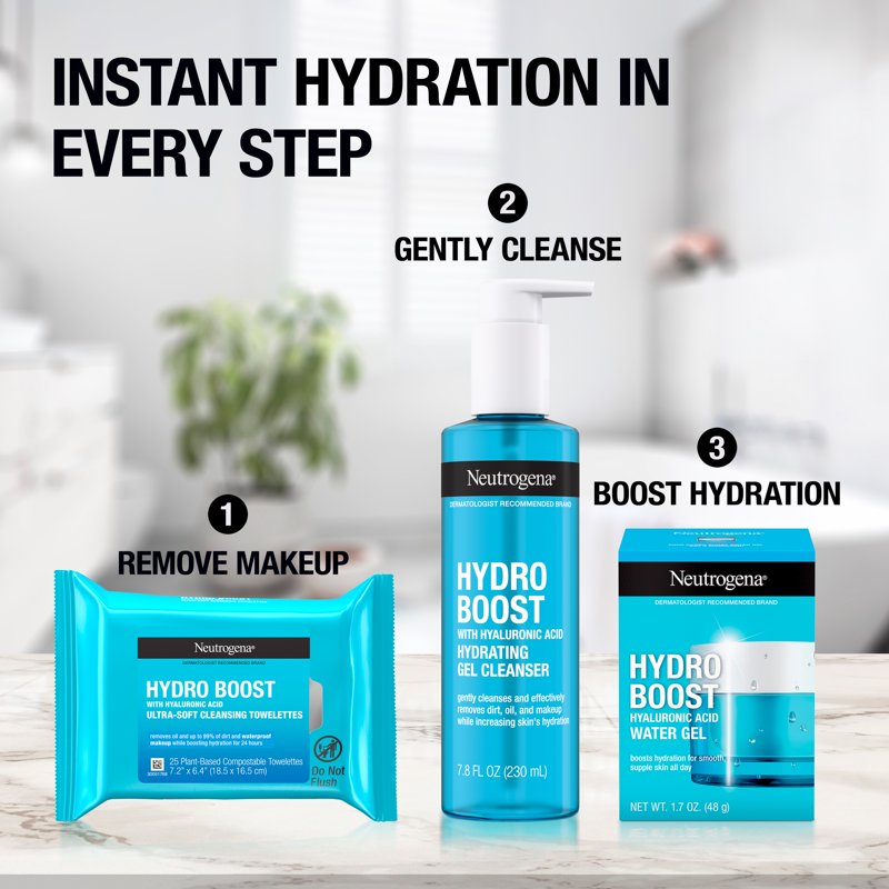 Neutrogena Hydro Boost Hydrating Skincare Set - Water Gel Moisturizer, Cleanser & Makeup Remover Wipes
