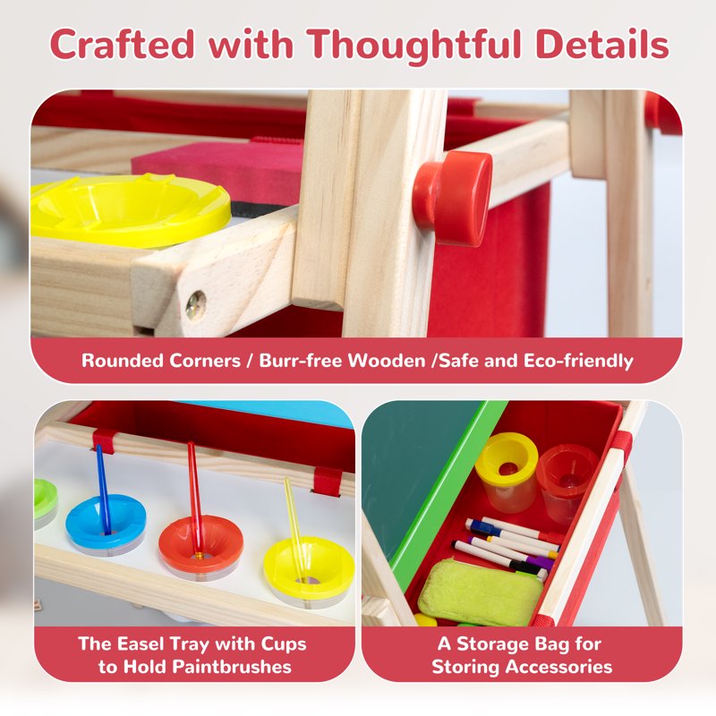 Kids Wooden Art Easel with Adjustable Height, Double-Sided Chalkboard & Painting Accessories