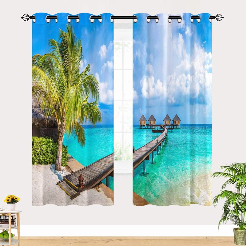 Beach Landscape Window Curtains - Waterproof Hawaiian Palm Tree 3D Pattern for Bedroom & Living Room