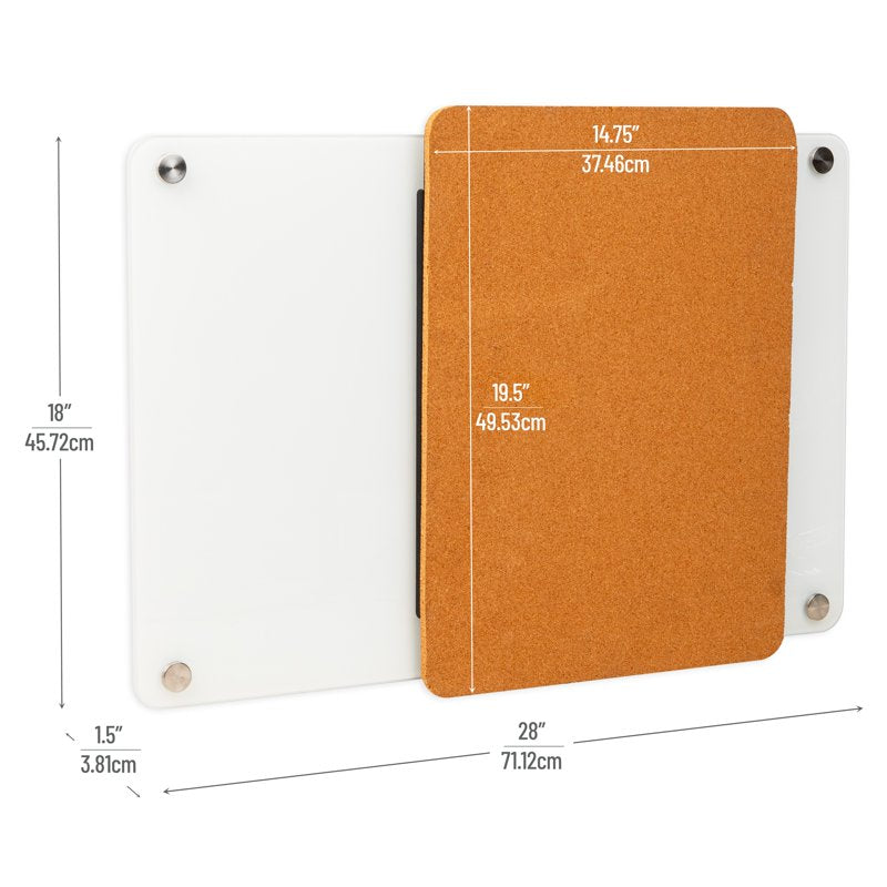 Glass Dry Erase Board with Sliding Cork Bulletin Board - 28x19.5 Inches