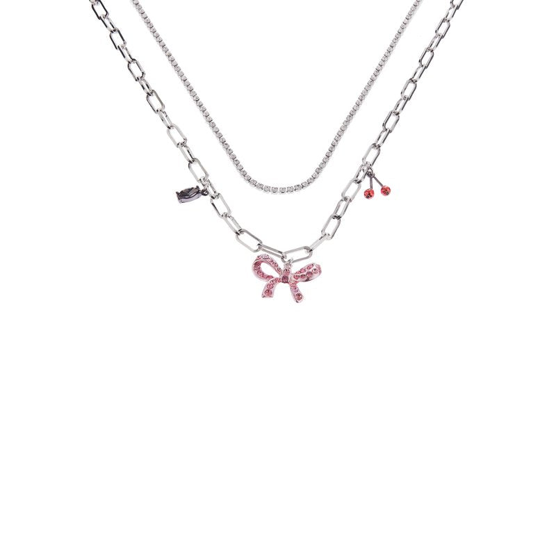 Women's Rhodium Bow Charm Pendant Necklace Set - Adjustable, Gift Ready