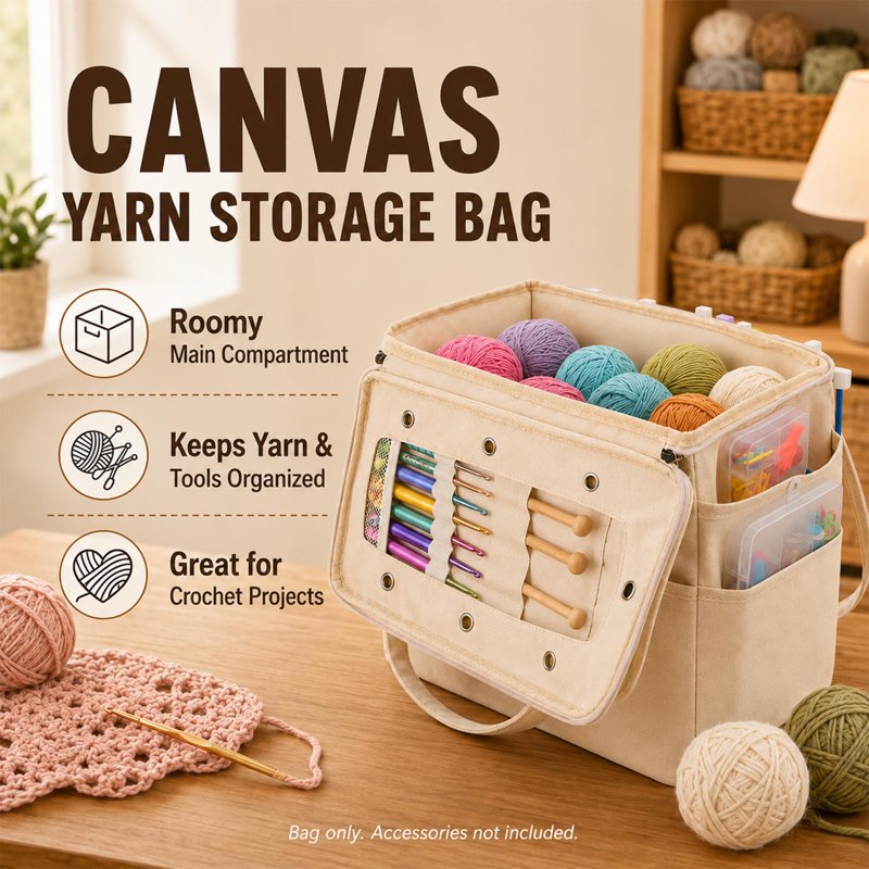 Large Canvas Yarn Storage Bag with Multiple Pockets & Yarn Holes for Knitting Crochet