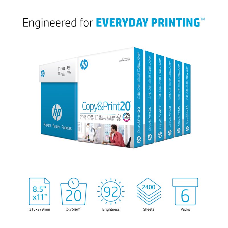 A4 Printer Paper 20 lb. White 8.5 x 11 Inches 2,400 Sheets 6 Pack - Office Copier & Print Paper