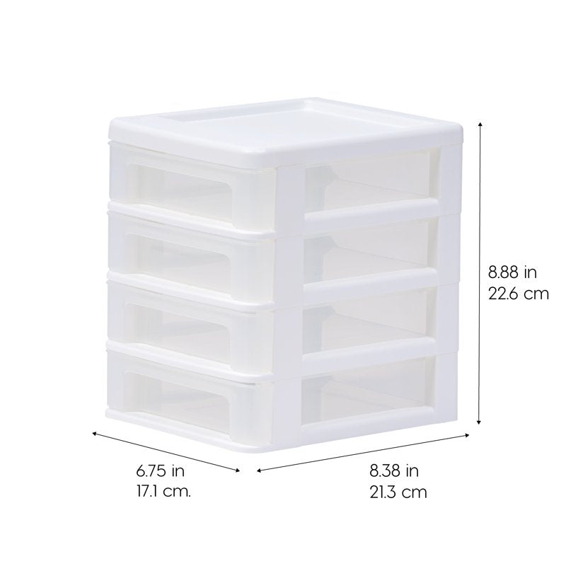 Small 4-Drawer Desktop Organizer - Compact Stacking Storage Unit, White-Clear