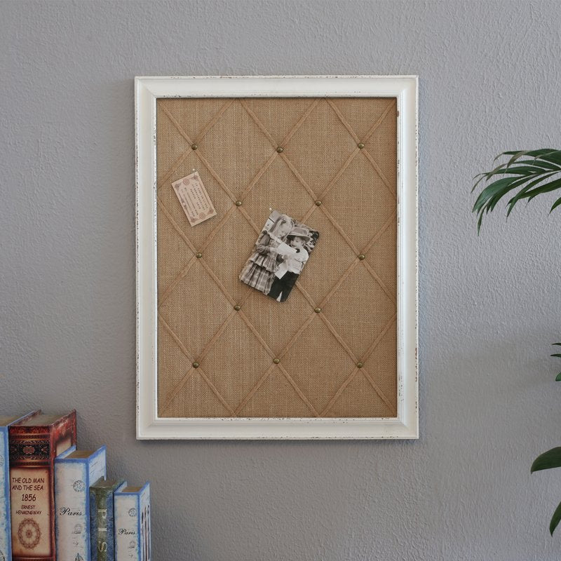 Antique White Linen Fabric Bulletin Board with Wooden Frame - Large Wall Memo & Message Board