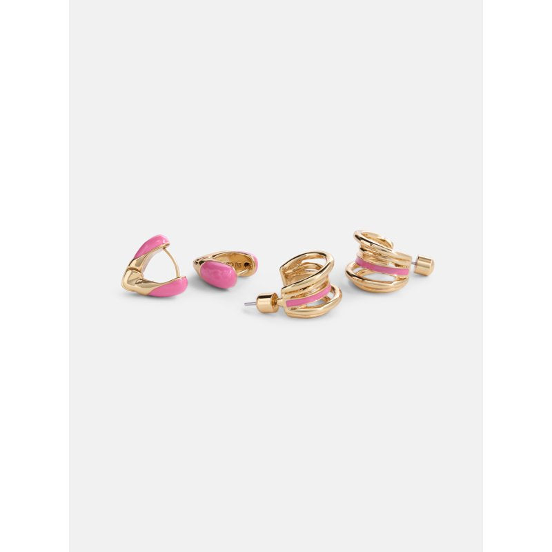 Women's Goldtone Duo Hoop Earrings Set with Pink Enamel - 2-Pair Jewelry