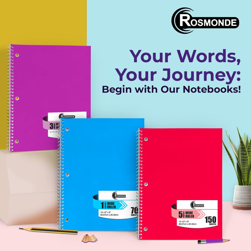 12 Pack Wide Ruled Spiral Notebooks 5-Subject, 300 Pages, Soft Cover, Assorted Colors