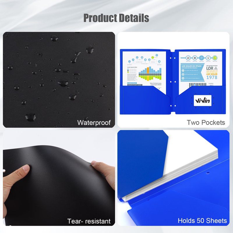 Plastic Pocket Folders 3-Hole Punched with 2 Pockets - Assorted Colors, 12 Pack