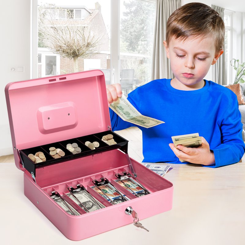 Metal Piggy Bank with Key Lock and Money Tray - Secure Cash and Jewelry, Pink & Black