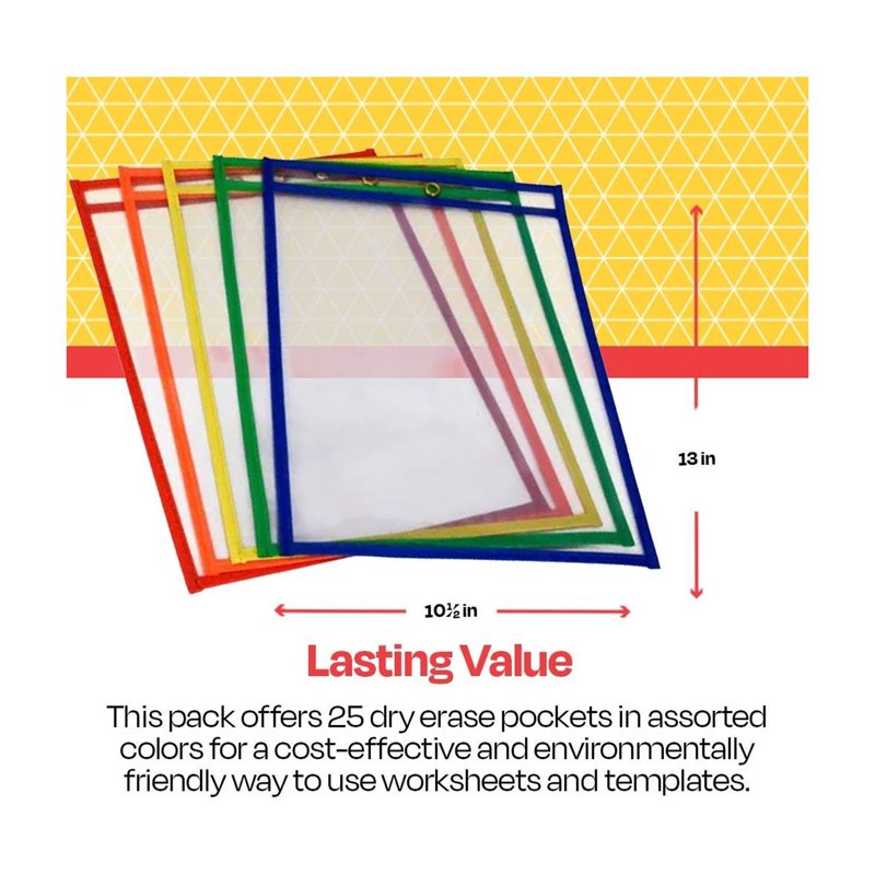 Reusable Dry Erase Pocket Sleeves Set of 25 - 10.5 x 13 Inches for Classroom & Office