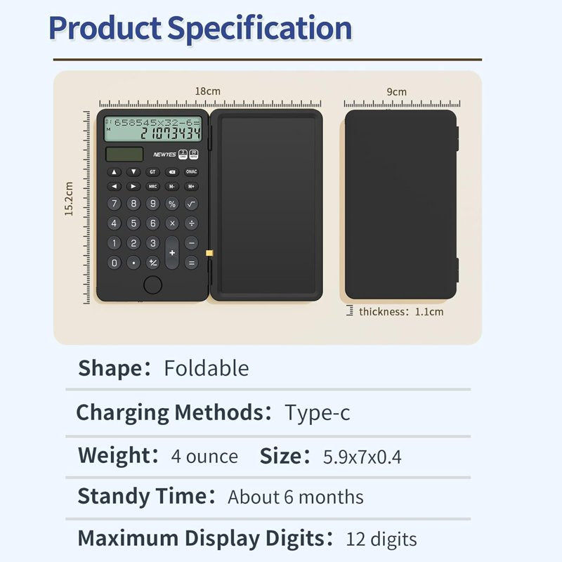 Rechargeable Portable Calculator with Notepad & 12-Digit Display - Black