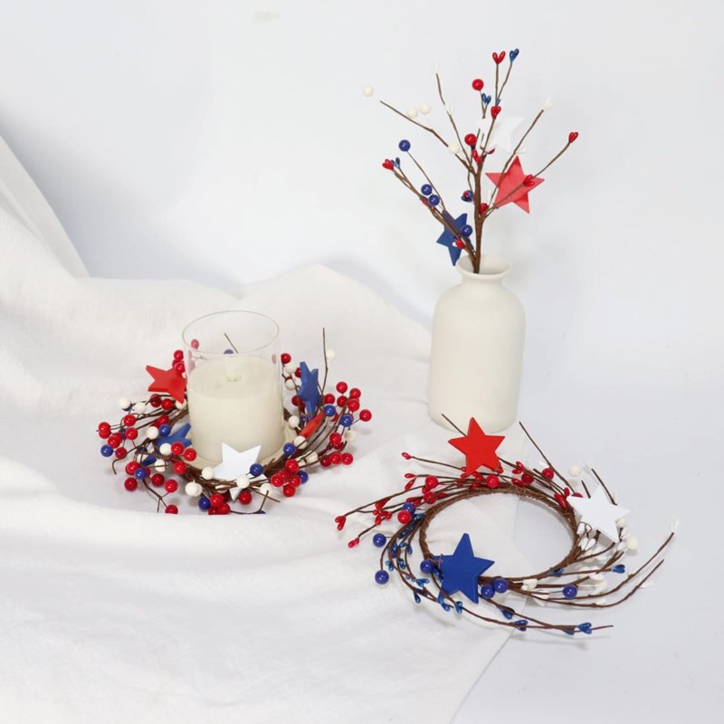 Patriotic Berry Candle Ring Wreath 10-Inch for 4th of July Memorial Day Home Decor
