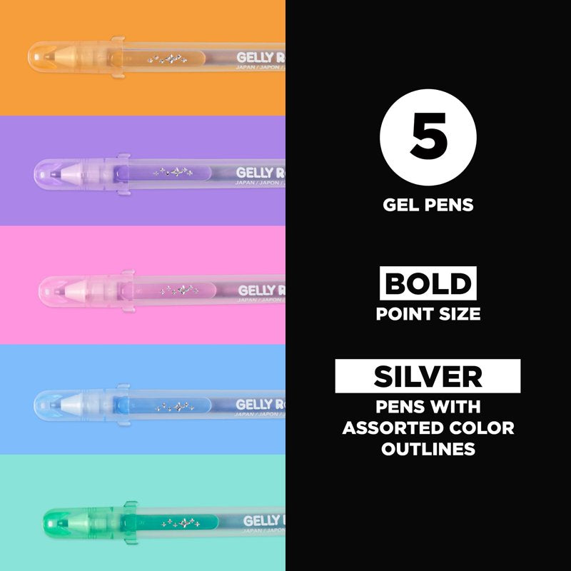 Silver Gel Pen Set - Bold Point Ink for Lettering, Drawing, Invitations - 5 Pack