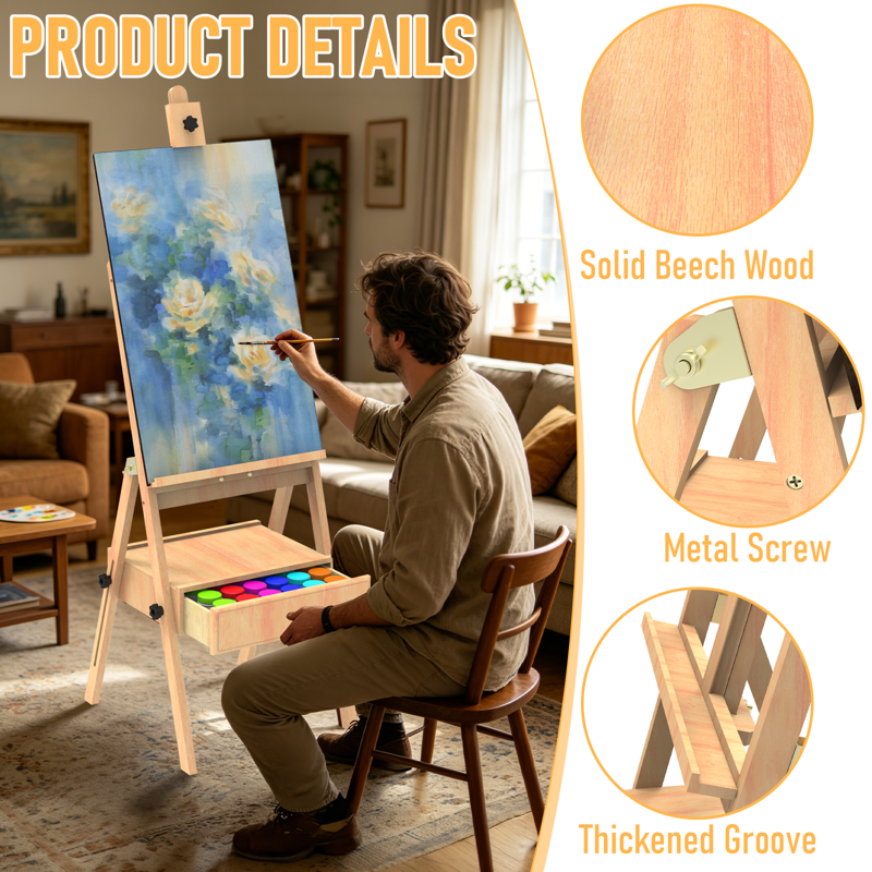 Wooden Art Easel with Storage Drawer, Adjustable Painting Stand for Adults & Kids