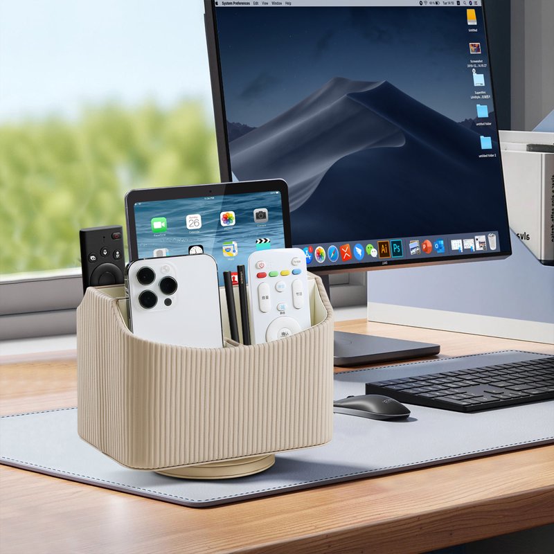 PU Leather Remote Control Holder with 360° Rotating Base - Desk Organizer for Nightstand & Office
