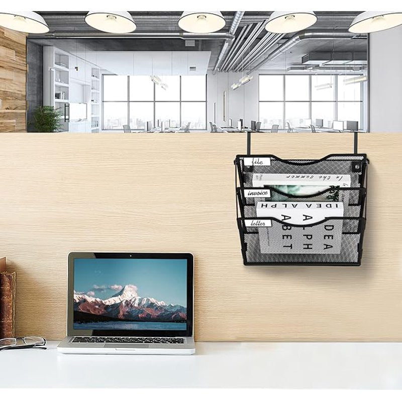 Wall File Organizer with 3 Pockets, Wall Mount or Hanging Folder Holder, Foldable Mesh Office & Home Storage