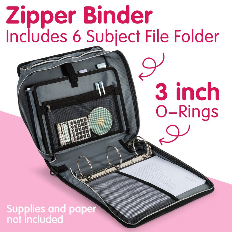 3-Inch Zipper Binder with 700 Sheet Capacity Waterproof Organizer with Pockets & Carrying Strap