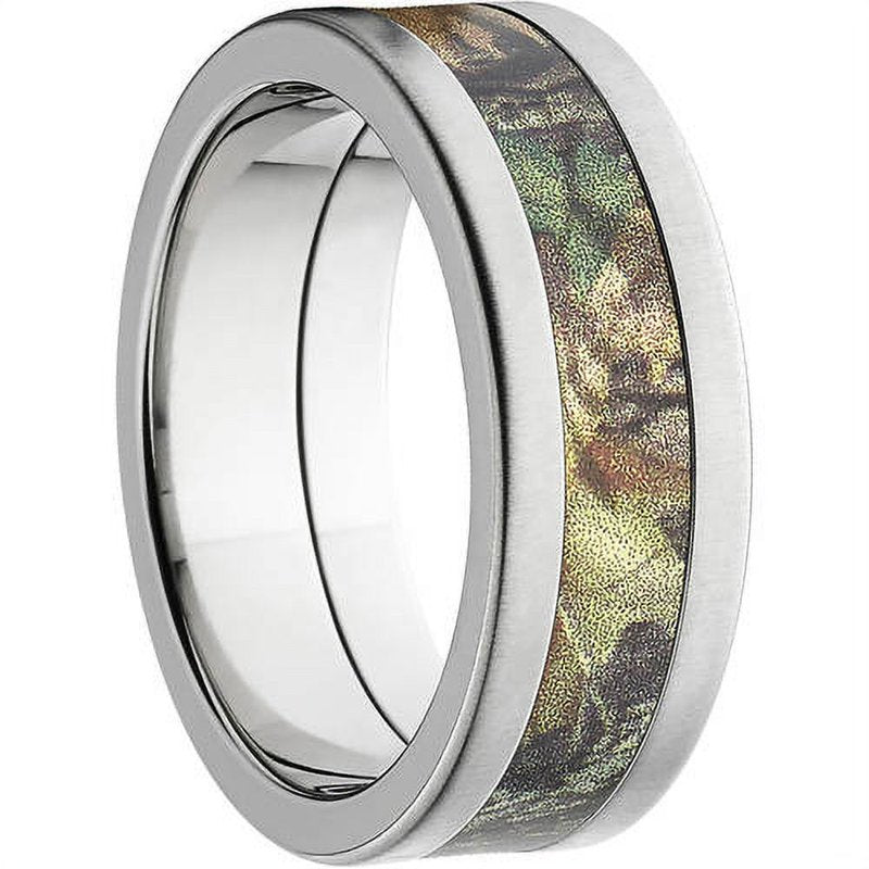 Men's Camouflage Stainless Steel Ring with Cross & Brushed Edges - Comfort Fit