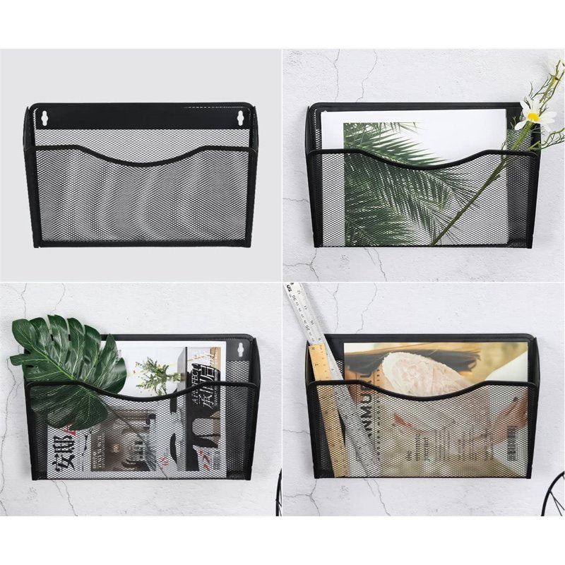 Wall Mount File Organizer with Metal Mesh Pocket for Office & Home