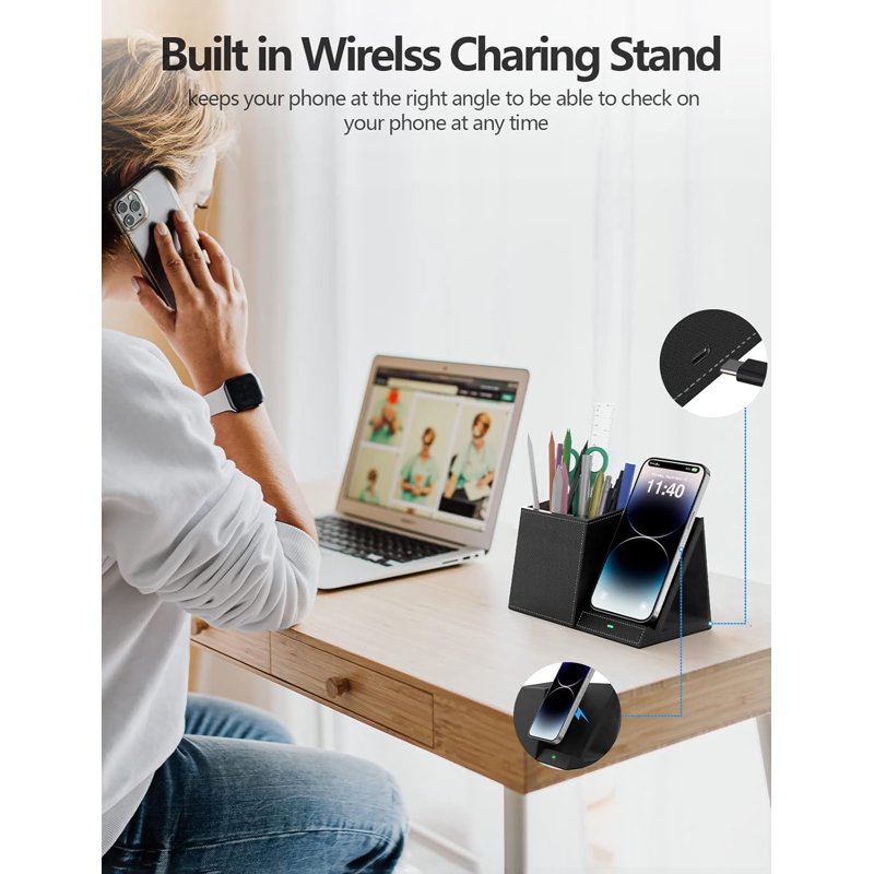 Wireless Charging Desk Organizer with Phone Stand & Pen Holder