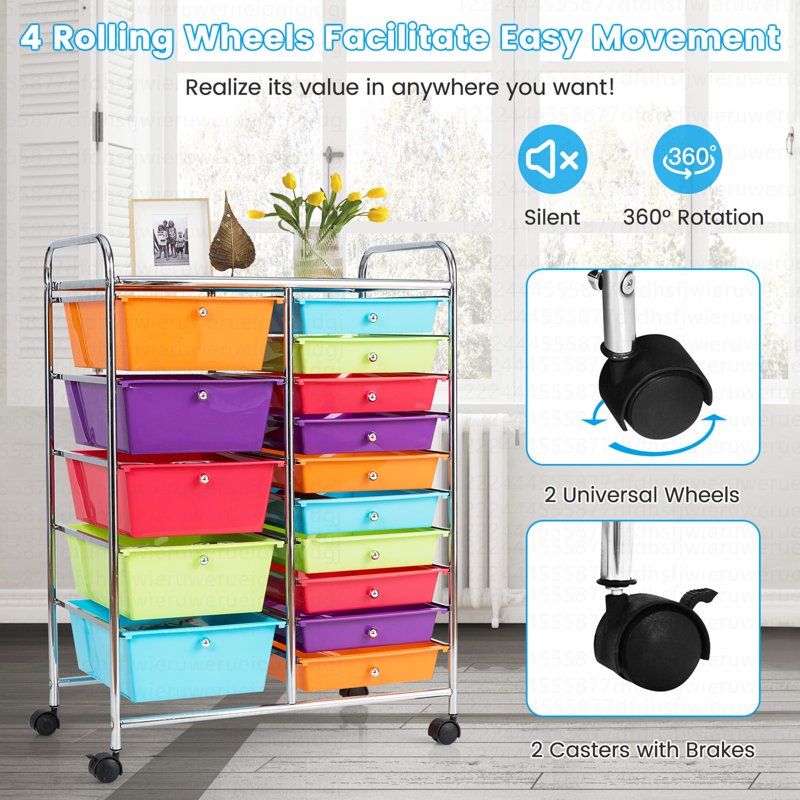 15-Drawer Rolling Storage Cart with Multicolor Opaque Plastic Drawers and Casters