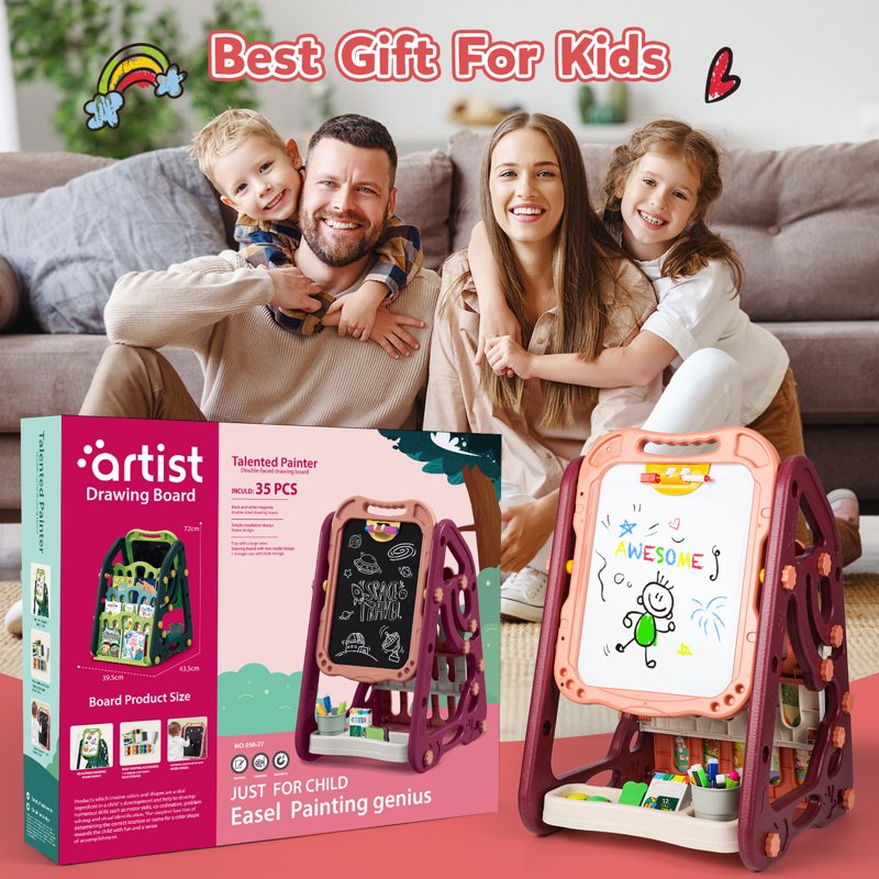 Kids Art Easel 3-in-1 Double-Sided Magnetic Whiteboard & Chalkboard, Adjustable Standing Toddler Art Desk