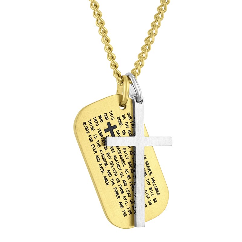 Men's Stainless Steel Lord's Prayer Dog Tag Pendant with Cross