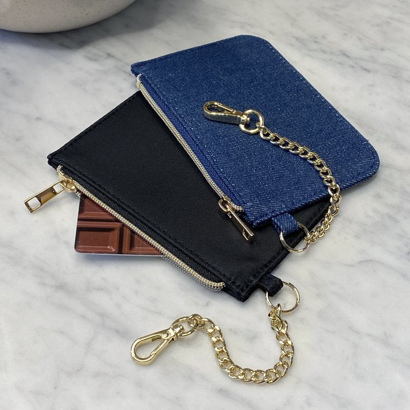 Small Wallet with Chain - Black & Denim, Zippered Card & Cash Holder