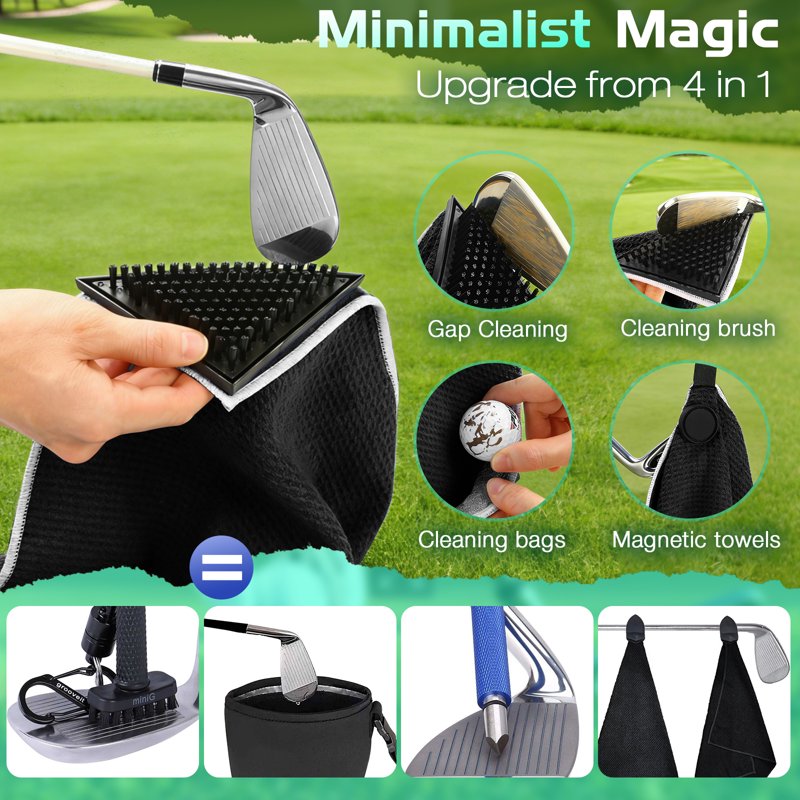 4-in-1 Magnetic Golf Towel with Brush & Cleaning Pocket - Microfiber Waffle Design