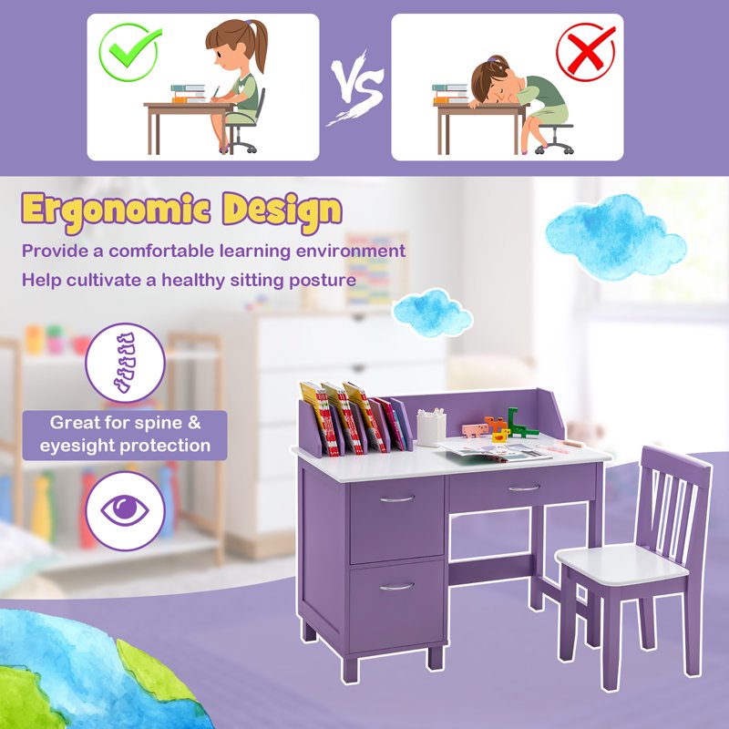 Kids Wooden Study Desk & Chair Set with Storage Drawer - Suitable for Ages 3-8