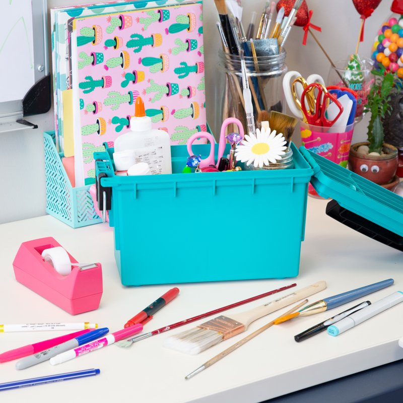 Stackable Craft Storage Box with Locking Lid - Water & Dust Resistant, Teal