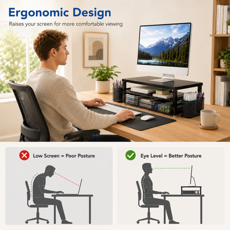 Mehoom 3-Tier Monitor Stand with Drawer & Pen Holders – Desk Organizer, Black