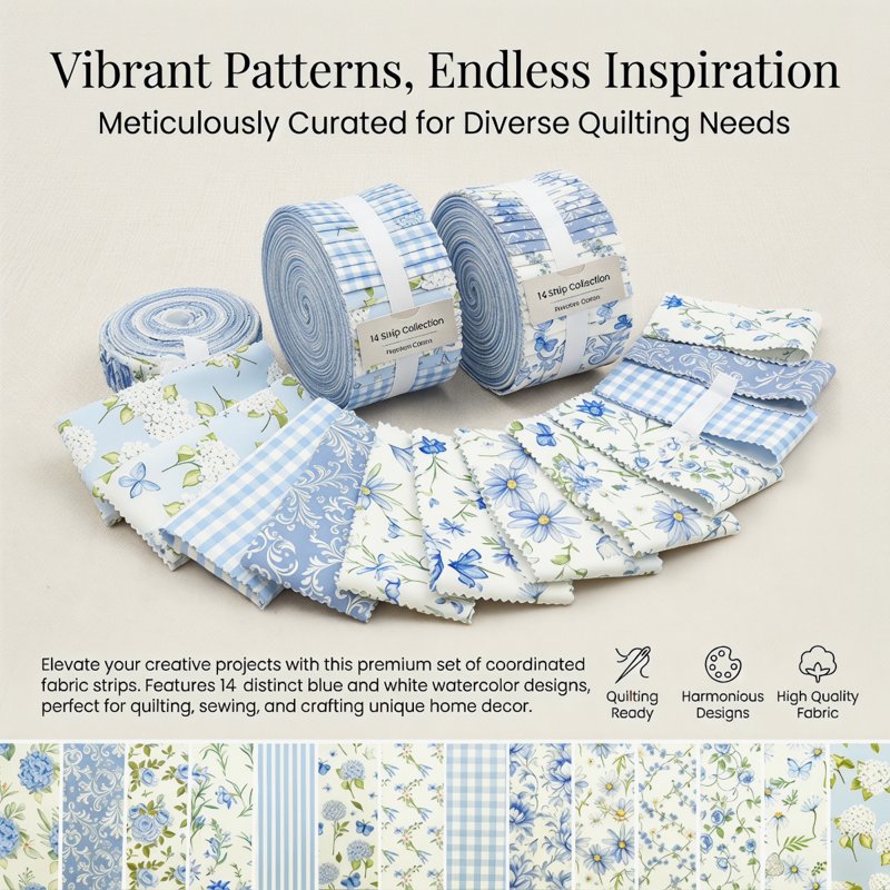 84-Piece Jelly Roll Fabric Strips Bundle for Quilting and Sewing - Blue Floral & Plaid Designs with Wavy Edges