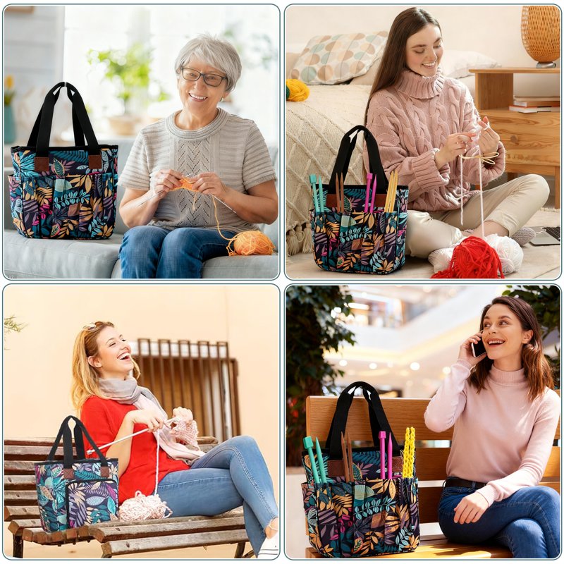 Crochet Yarn Organizer Bag with Multiple Compartments and Accessories - Blue