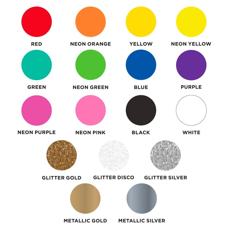 Fabric Paint Kit - 17 Neon, Metallic, Glitter Colors with 2 Brushes