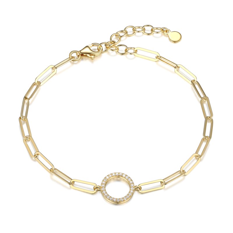 Gold Plated Paperclip Bracelet with Cubic Zirconia Circle for Women - Gift Ready