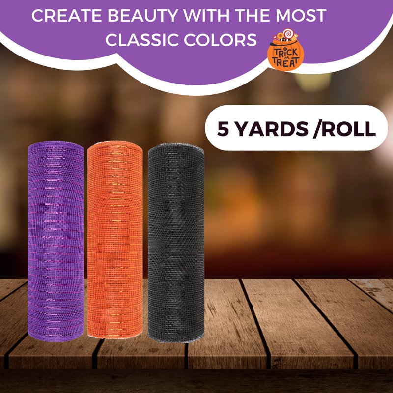 Halloween Mesh Ribbon Set - Assorted Burlap & Metallic Tinsel for Wreaths & Crafts 15 Rolls