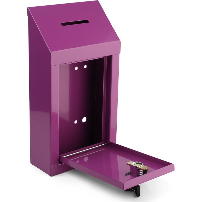 Secure Metal Donation Box with Lock and Keys 10x6x2.5 Inches Wall Mount Purple
