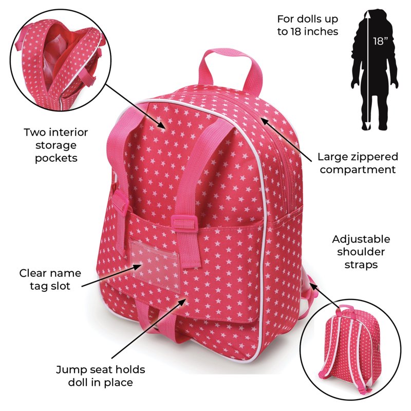 Doll Travel Backpack Pink with Star Design - Fits 18-Inch Dolls