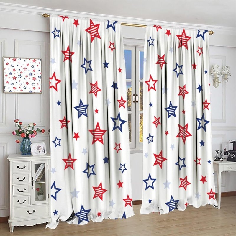 Independence Day Flagout Curtain Set - 4th of July Blue Red Star American Flag Pattern Window Drapes - Multiple Sizes
