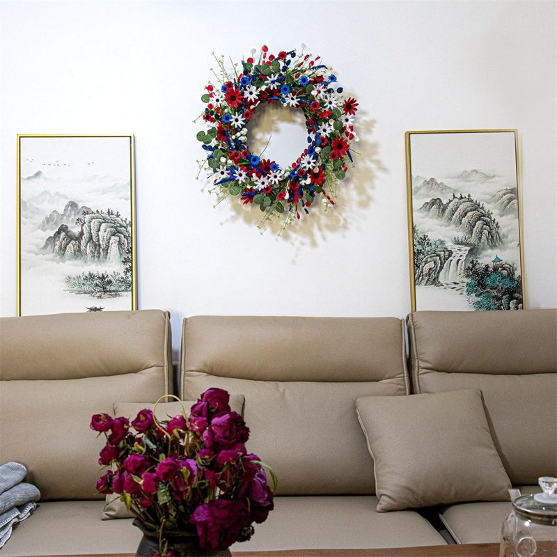 Patriotic Flower Wreath for Front Door - Red White Blue Independence Day Decor