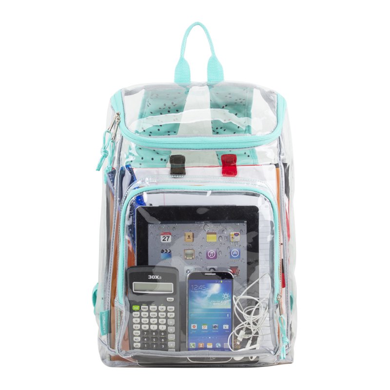 Clear Top Loader Backpack with Adjustable Straps and Zippered Compartments - Turquoise