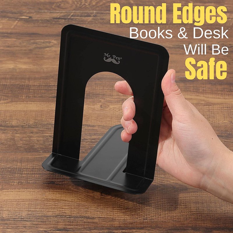 Heavy Duty Metal Book Ends 4 Pack - Black Shelving Organizer for Books & DVDs