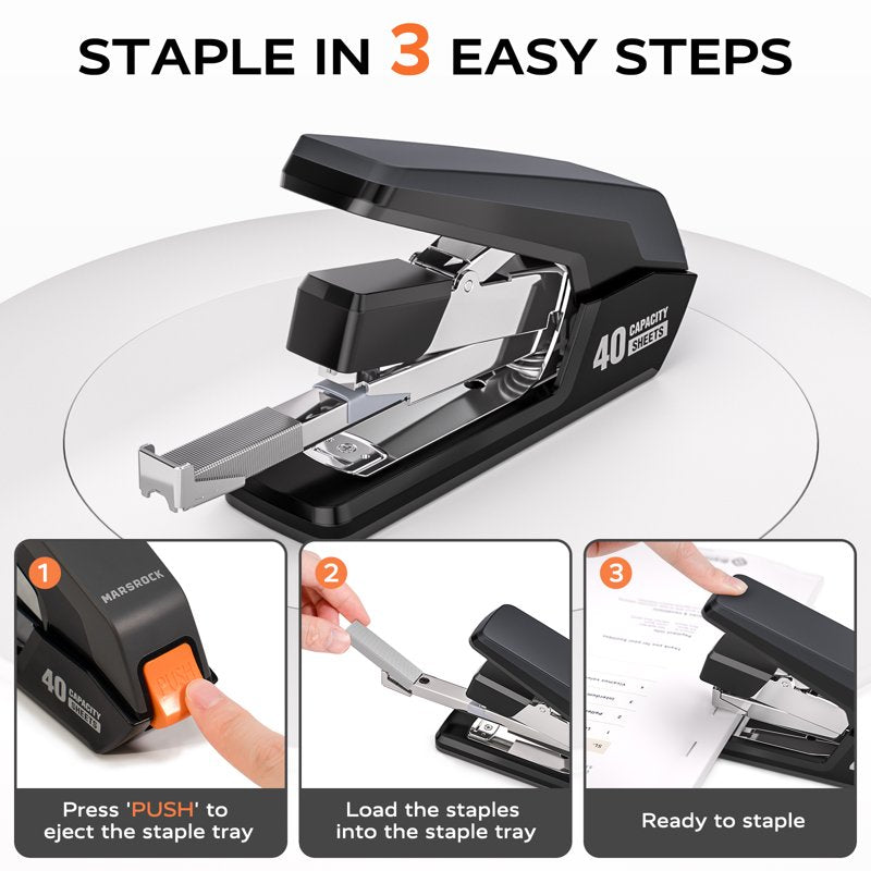 MarsRock 40–50 Sheet Heavy Duty Stapler with 1-Touch Loading, Includes 2000 Staples & Magnetic Staple Remover — Black (Variation: Black)