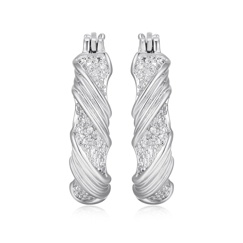 Diamond Accent Hoop Earrings - Two-Tone Rhodium Plated Jewelry for Women
