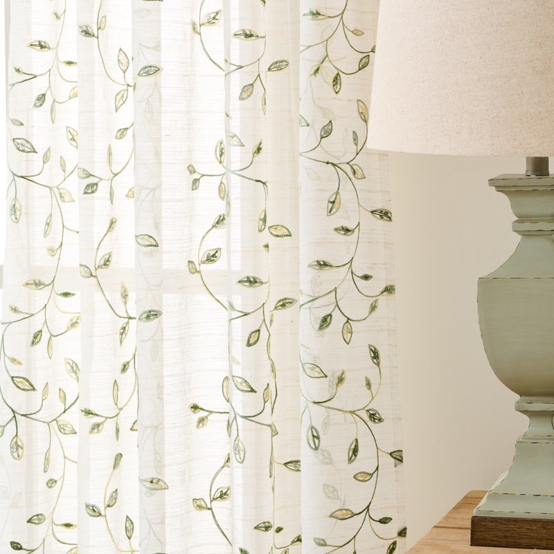 Embroidery Sheer Curtain Panel Pair - White & Green, Rod Pocket, 2 Pieces, Custom Sizes