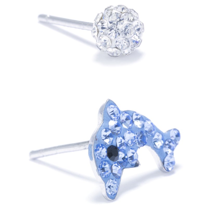 Sterling Silver 2-Piece Earrings Set with Crystal Ball and Dolphin Designs for Women & Teens