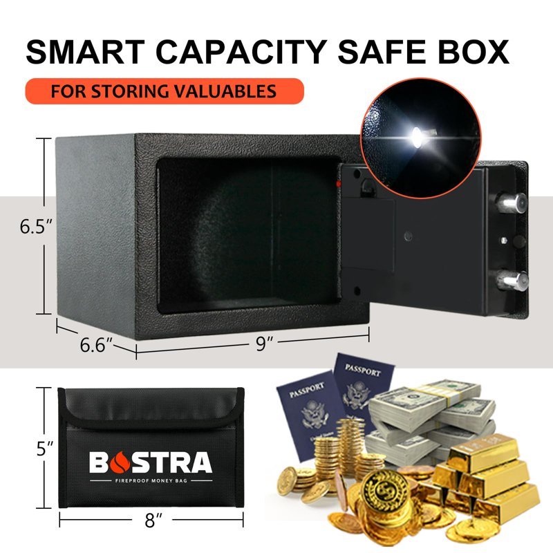 Digital Safe Box with Alarm Sensor Light & Fireproof Bag, 9x6.6x6.5 inch, Black