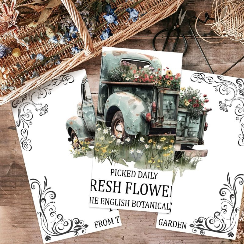 Vintage Truck Flower Rub On Transfer Stickers Set Waterproof Wall Art Decals