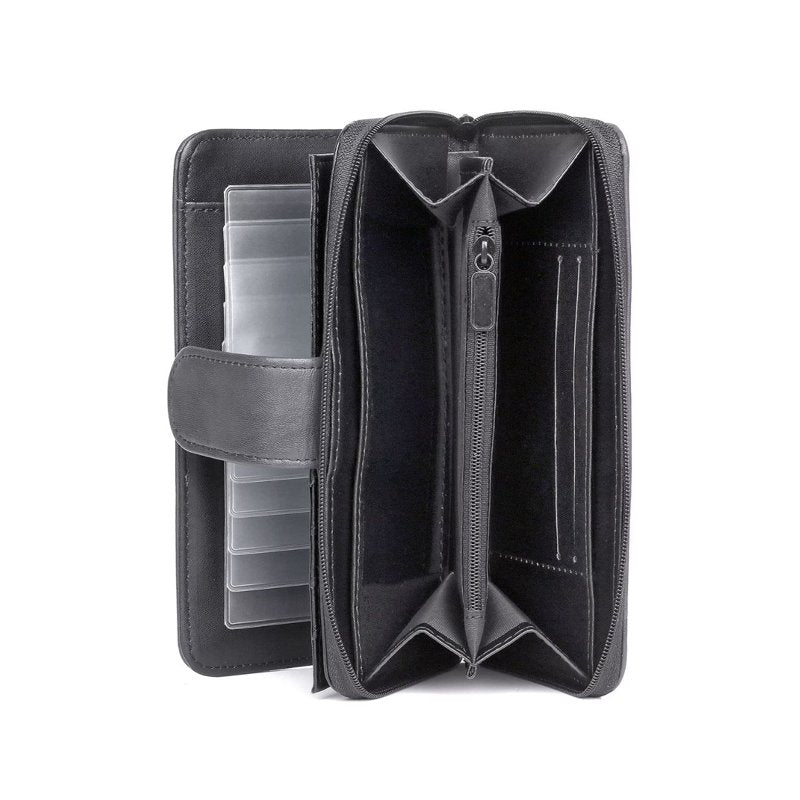 Leather Checkbook Wallet for Women with Card Slots and Zipper Closure